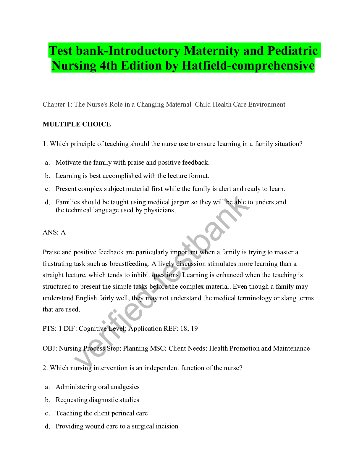 Preview image for Test bank-Introductory Maternity and Pediatric Nursing 4th Edition by Hatfield-comprehensive
